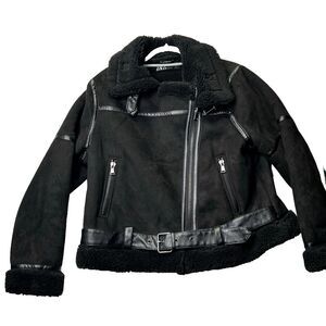 ZARA Women's Black Faux Suede/ Shearling-Lined‎ Zippered Moto Jacket XXL 2XL